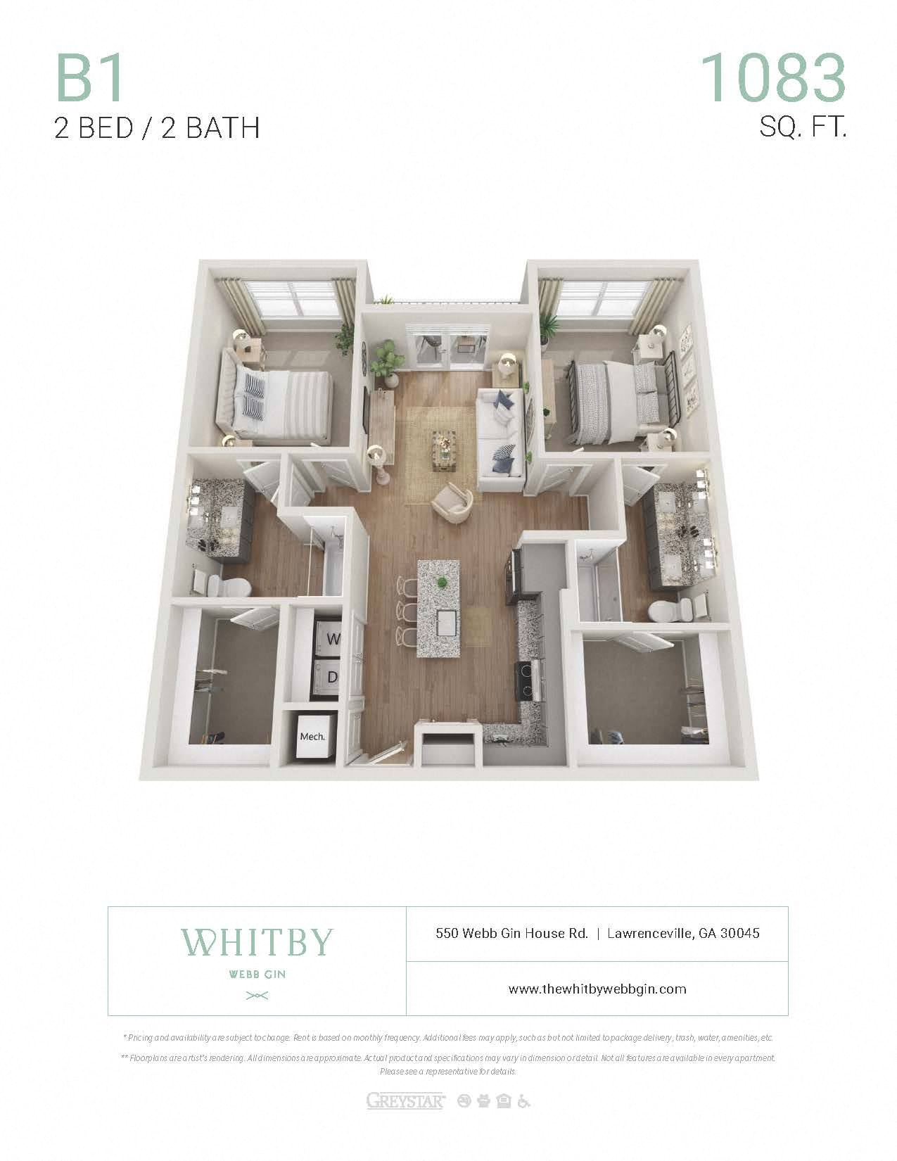 Floor plan for 2 beds, 2 baths, 1083 sqft